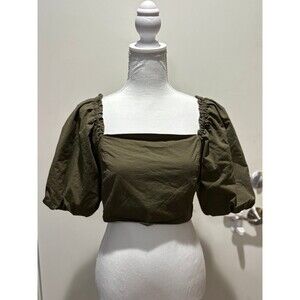 Jason Wu Princess Puff Shoulder Crop Top with Smocked Back size M Olive Green